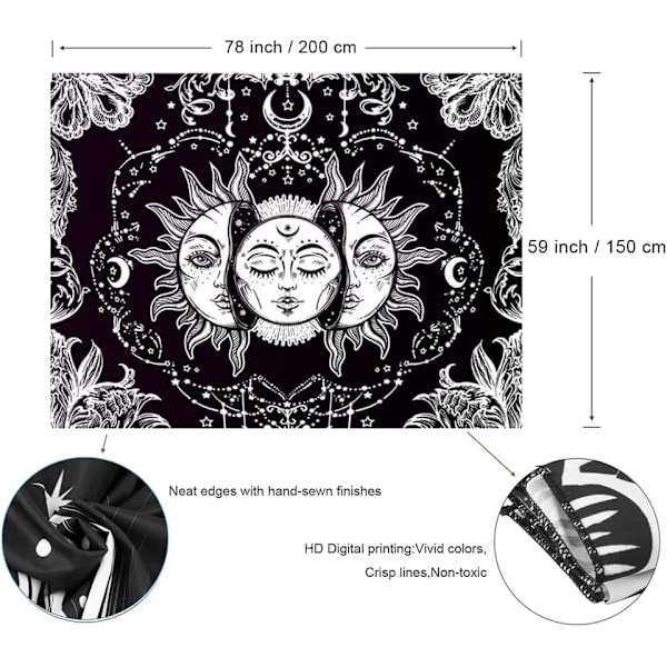 Sol og måne væg gobelin tapet, sort psykedelisk mandala W