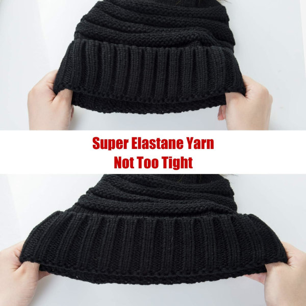 2 stk. Dame Vinterhue med Pompom, Varm Strikket Hue med Fleece
