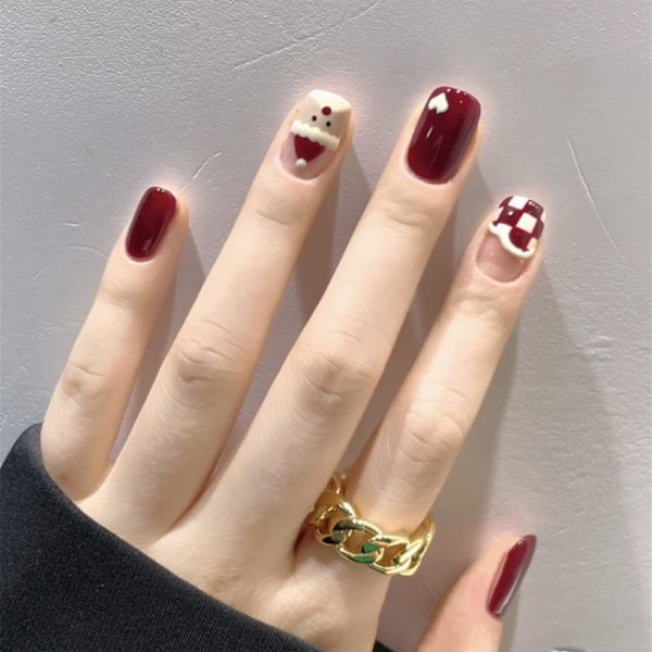 24 stk. falske jule negle korte stick on negle bordeaux tryk o