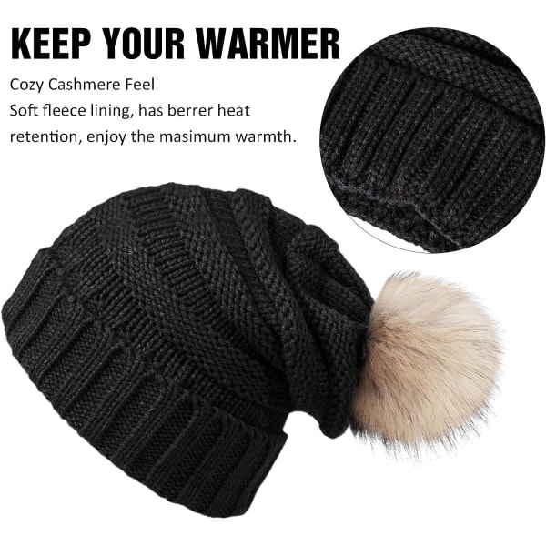 2 stk. Dame Vinterhue med Pompom, Varm Strikket Hue med Fleece