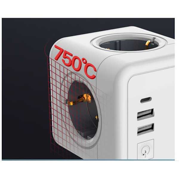 Cube USB-stikkontakt, 3-stikkontakt med 2 USB-opladningsport