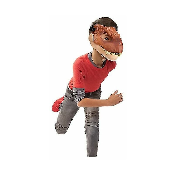 Dinosaurusnaamio, jossa aukeava leuka, silmä- ja nenäaukot sekä turvallinen