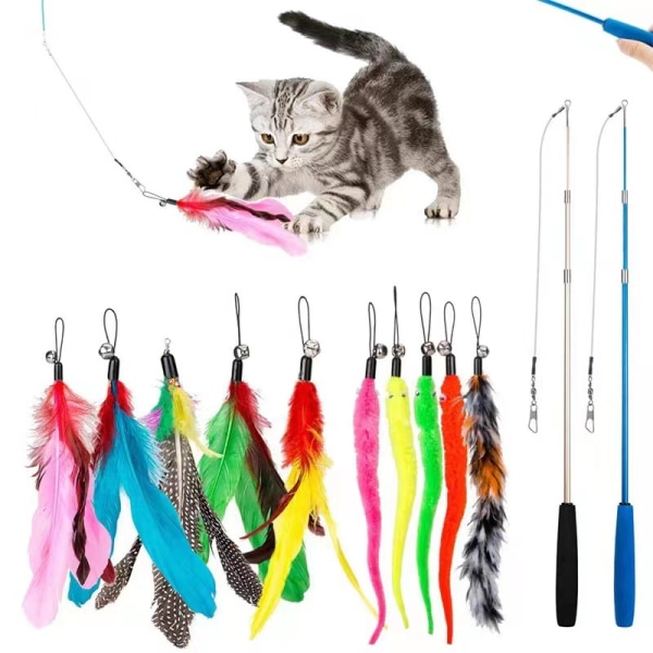 12 PCS Cat Feather Toy, Stick Toy Cat Fishing Rod with 2 PCS Inte