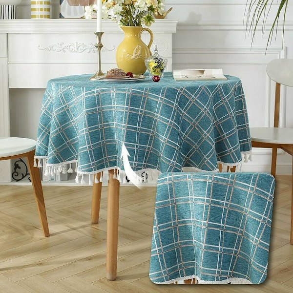 90x90cm Rund bomulds- og linneddug Pletbestandig frynset