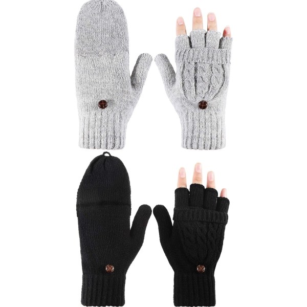 2 Pairs of Fingerless Mittens for Women Convertible Winter Gloves