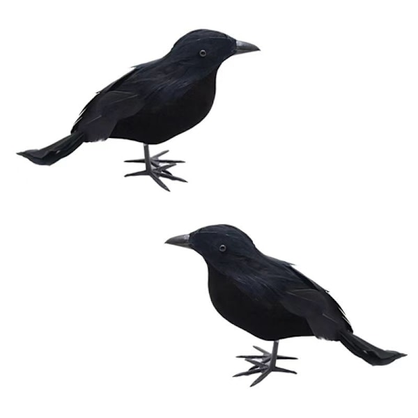 2x Kunstig Ravn Halloween Dekoration med Sorte Fuglefjeder