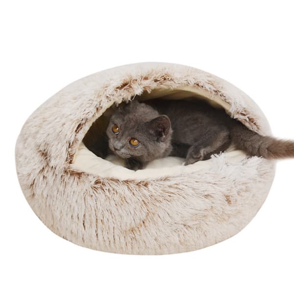1 stk Fluffy katteseng, rund, myk plusj, hule med hette, katteseng