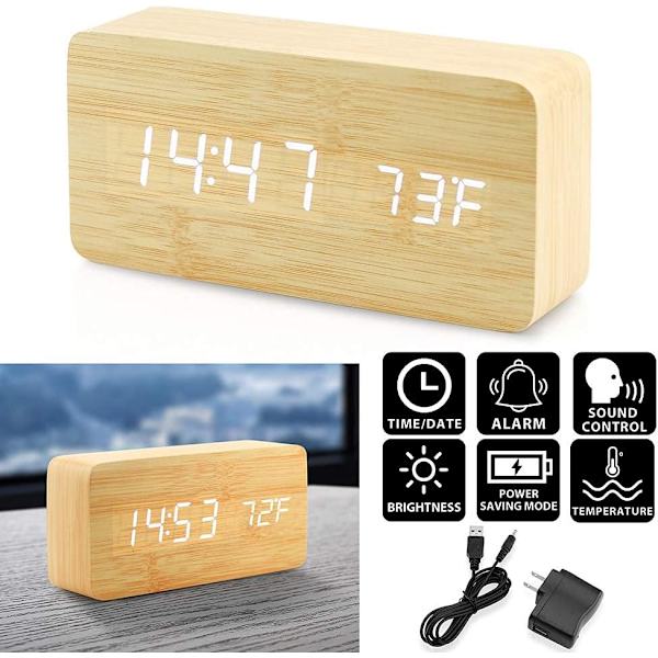 Trädigital väckarklocka, trä multifunktionell LED väckarklocka