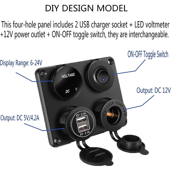 4 i 1 bil laddare strömbrytare panel, dubbla funktion USB laddare + LED