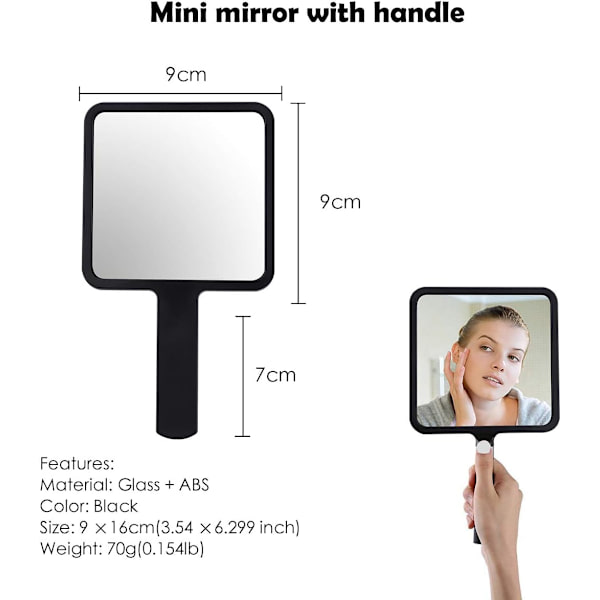 1PC Svart 9*16cm Bärbar Spegel Professionell Handspegel Fyrkantig