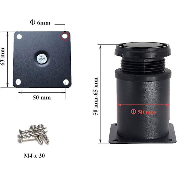 (50mm), 4 korkeussäädettävää mustaa jalkaa, paksut kaapin jalat, pöytä