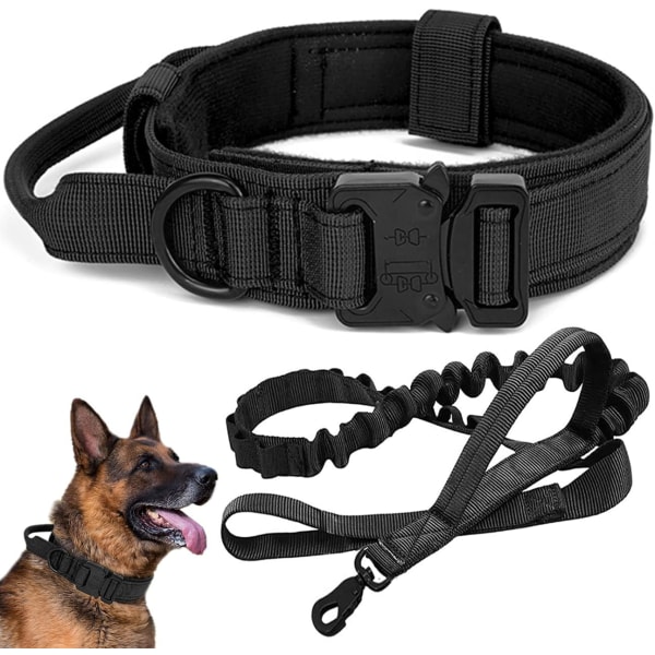 (XL,50-62)Tactical Dog Collar with Bungee Dog Leads Leash Adjusta