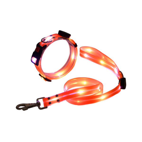 Oransje hundehalsbånd + hundetrekktau, USB-ladende LED-hundehalsbånd,