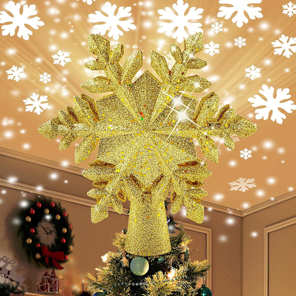 (Gold) Christmas Tree Topper Snowflake Lights, with Rotating LED