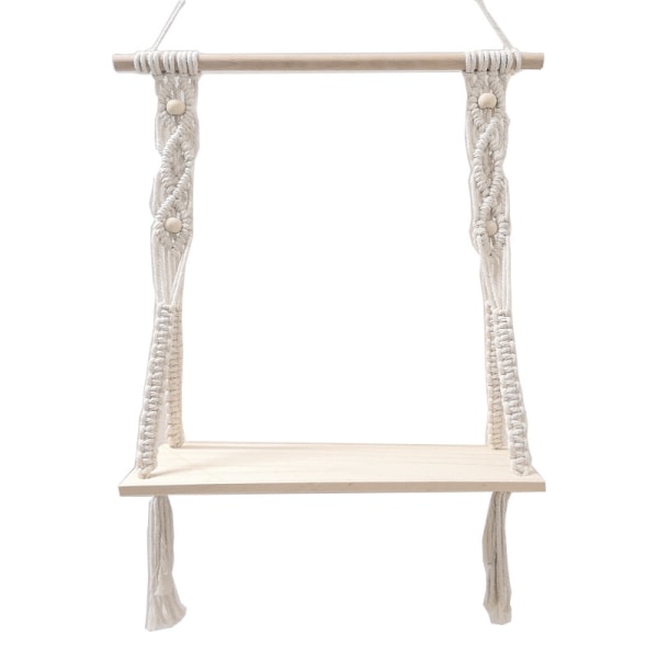 Väggmonterad hylla i trä, macramé, bohemisk dekoration, växter, enkel tofs, manuell