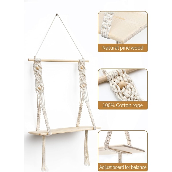 Väggmonterad hylla i trä, macramé, bohemisk dekoration, växter, enkel tofs, manuell