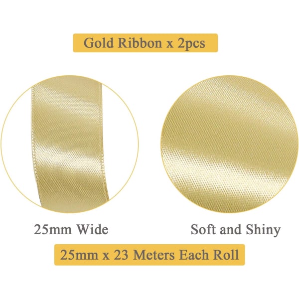 Guld satinband 25 mm, 2 rullar 44 meter Enfärgat tygband