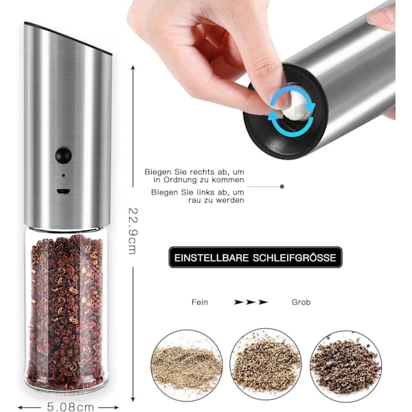 Elektrisk pepperkvern, tyngdekraftspepperkvern, USB-oppladbar
