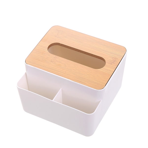 Eine weiße quadratische Tischplatte mit einer einfachen Holzabdec