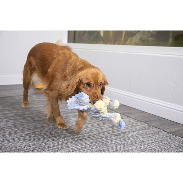 Grå, skräckinjagande pipig plyschhund leksak med tuggskydd