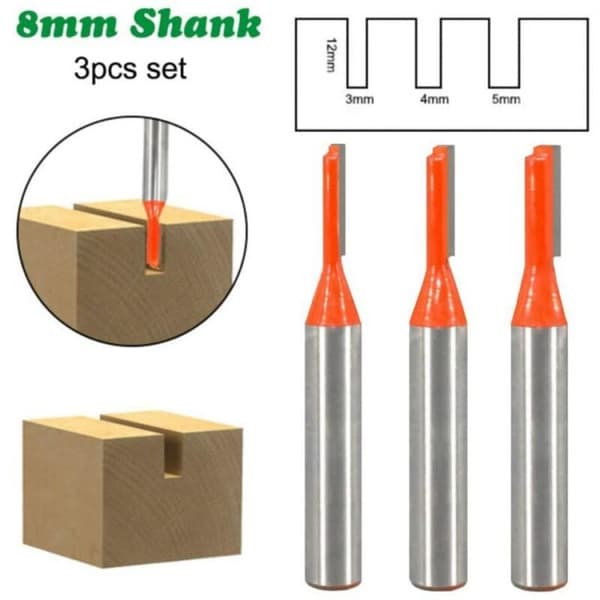 3 stk. 8 mm lige router bit sæt, fræser til notfræsning