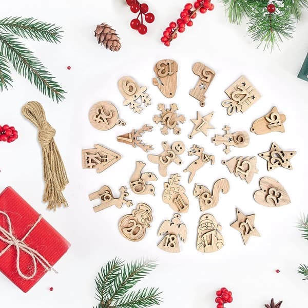 24 stk. trætal adventkalender, træ juletræ
