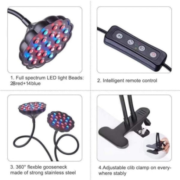 Plantelys, plantebelysning, plantelys LED husholdningsrefilllys, 20W svart + adapter
