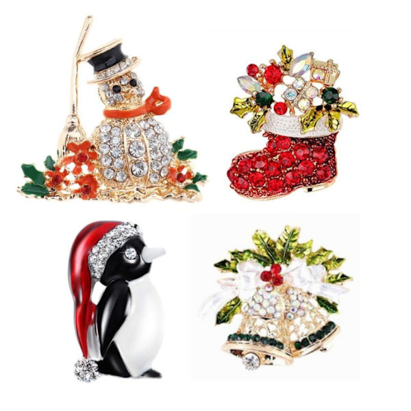 4 st julbroschset röd sko klocka snögubbe pingvin