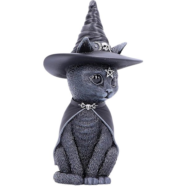 Svart häxhatt mystisk kattstaty 10,5 cm, fristående djurskulptur