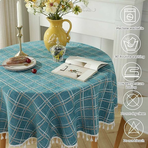 90x90cm Rund bomulds- og linneddug Pletbestandig frynset
