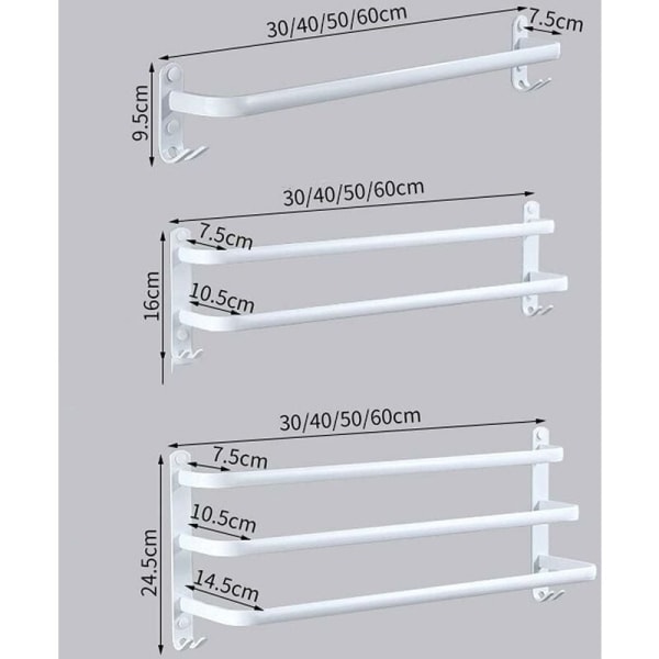 2-kerroksinen 30 cm valkoinen pyyheteline seinälle asennettava monitasoinen pyyheteline