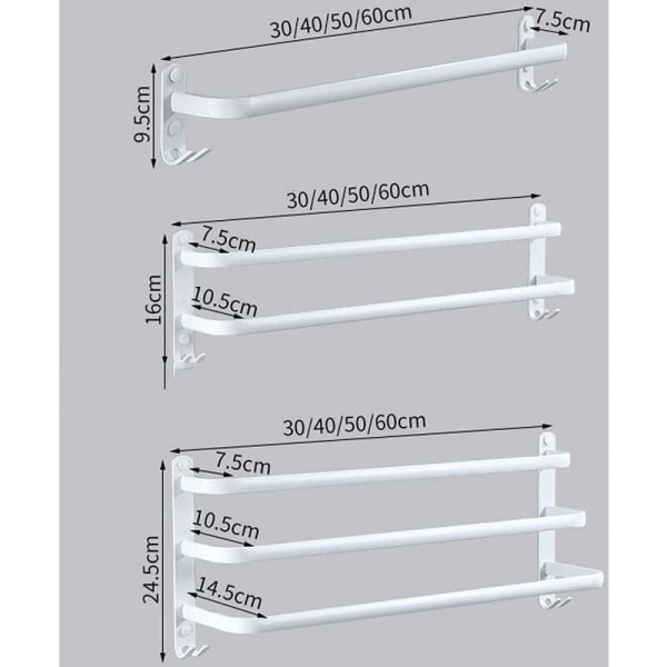 2-lags 30 cm hvit håndkleholder veggmontert flerlags håndklestenger