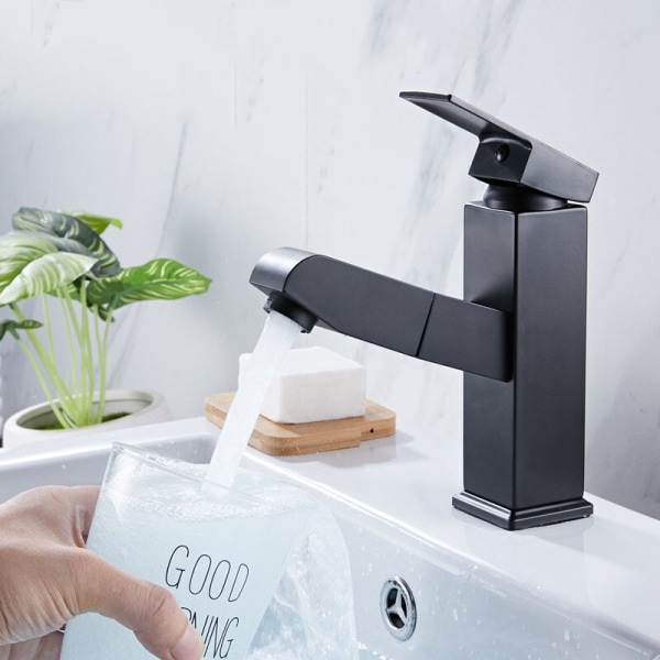 Svart blandare för handfat med utdragbar spray, blandare för badrum, Ta