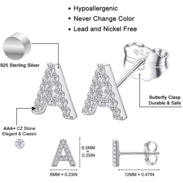 925 Sterling Silver Initial Örhängen för Flickor - Vitguldpläterad