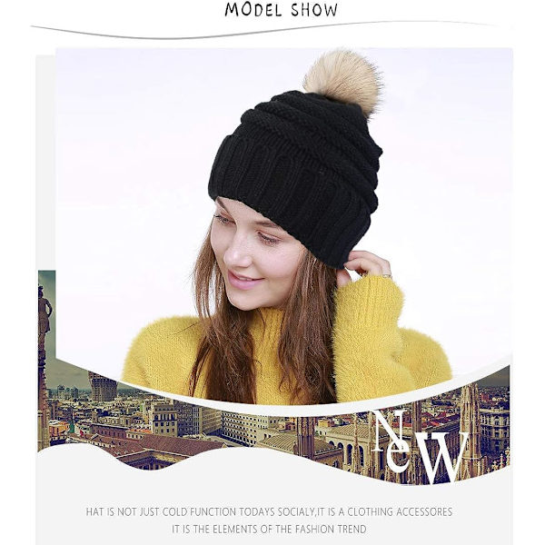 2 stk. Dame Vinterhue med Pompom, Varm Strikket Hue med Fleece