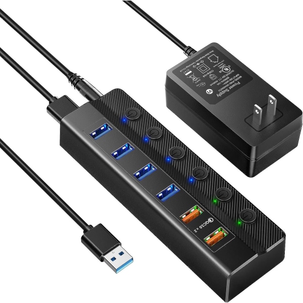 Drevet USB 3.0-hub, 6-porters USB-hub (4 USB 3.0-dataport og 2 Q