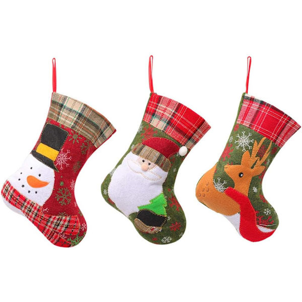 3 st julstrumpor, tomte, snögubbe och renar, stora