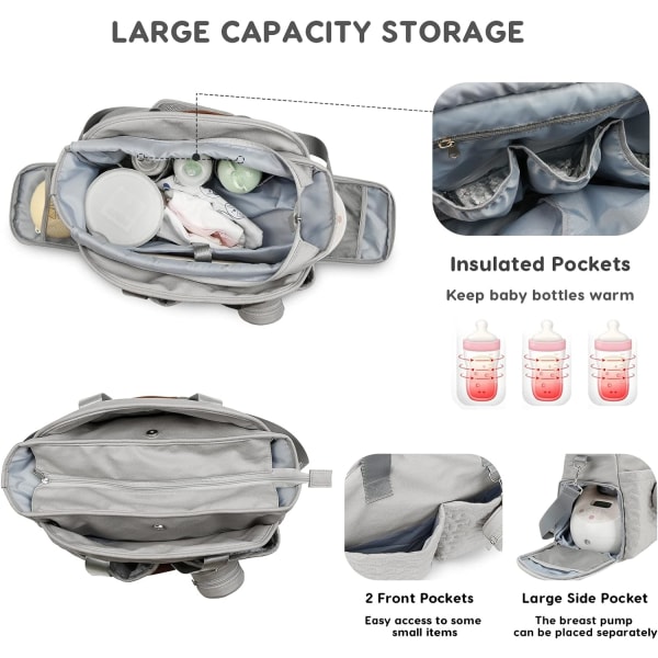 (Grå) Multifunktionel og stilfuld babyble-skiftetaske, stor
