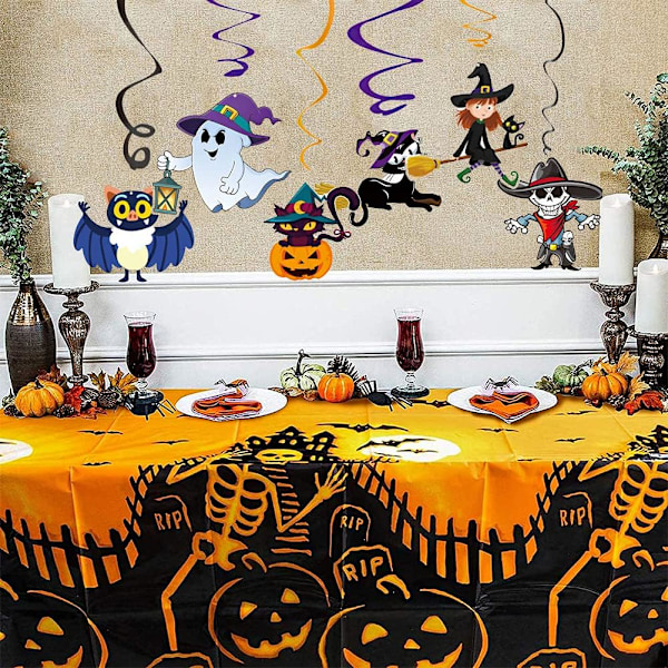 2 stk. Halloween-dekorasjon, bordduker, gresskar, skjelett, bordduk