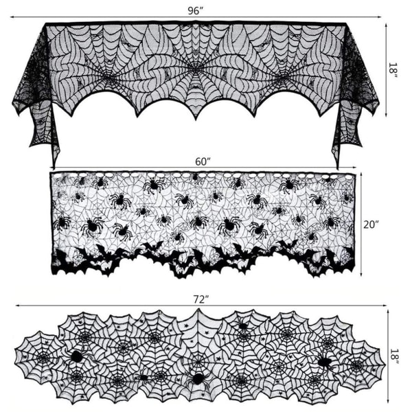 (Sort) Spider Web Bats Vindue Gardin Halloween Blonder Pejs M