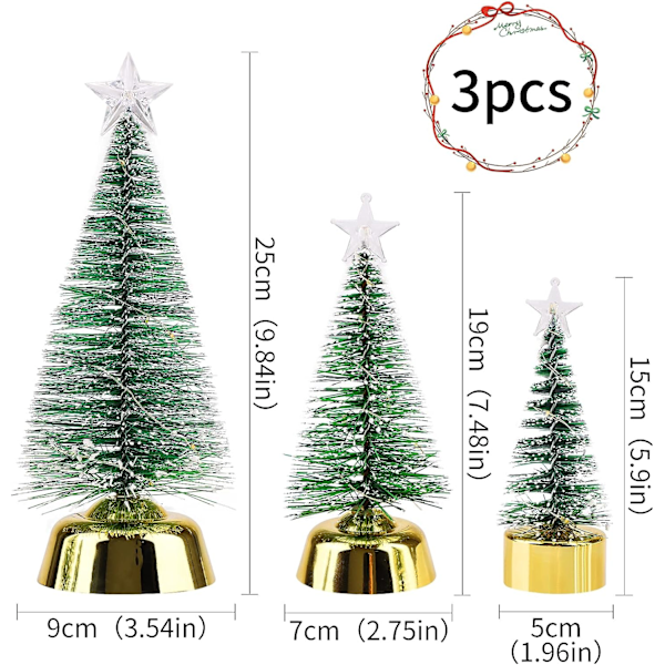 3-pakning Frosted Kunstige Juletrær med Lys, 3 Størrelser, Mi