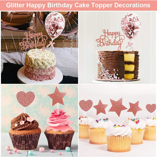 15 kappaletta ruusukultaisia syntymäpäiväkakun koristeita Happy Birthday Cake Top