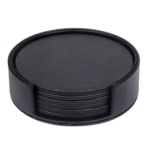 12-pak reversible coasters i sort PU-læder med sort holder