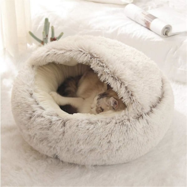 1 st fluffig kattbädd, rund, mjuk plysch, koja med huva, kattbädd