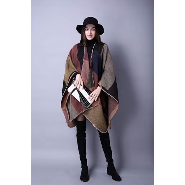 Dame Poncho Sjal Vintage Varm Åpen Front Wrap Cape Reversibel