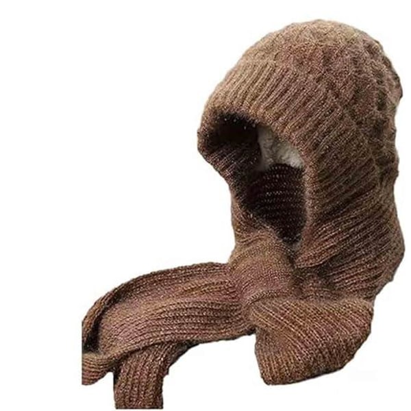 Coffee colored integrated ear protection and windproof hat scarf,