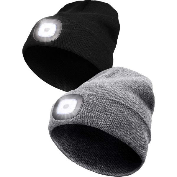 2 stykker unisex LED beanie hat med 3 hvide lystilstande, lysende