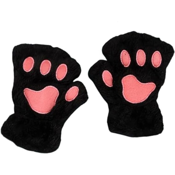 Sorte Mitten Kvinder - Piger Vinter Mitten Kattepote Handsker - Plys Halv Finger