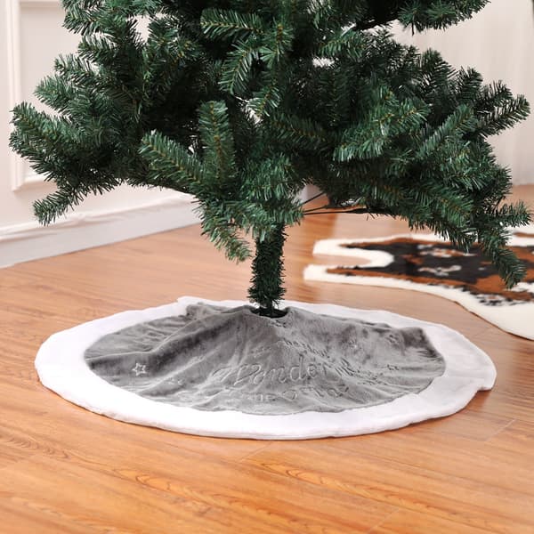 90cm Grå Plysch Julgransmatta, Vit Julgransmatta