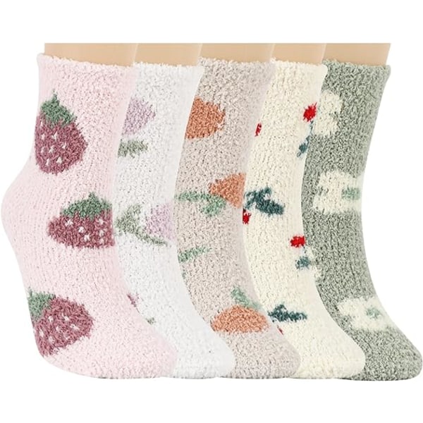 5 par bløde fluffy sokker til kvinder, blomstermønster sengesokker La